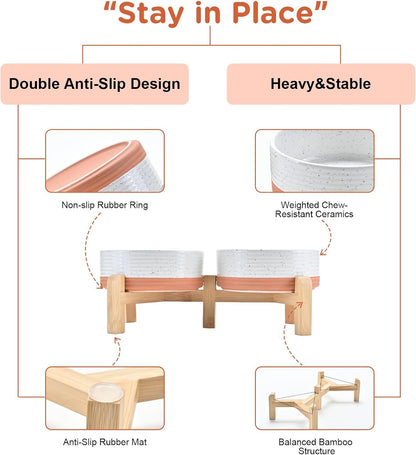 SPUNKYJUNKY Elevated Dog Bowls Ceramic, 5.1'' Dogs and Cat Food Water Bowls Raised with Non-Slip Bamboo Stand for Puppy Small Sized Breed Microwave Dishwasher Safe - 13.5 OZ,Pattern White