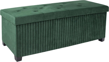 Storage Ottoman Bench, 43 Inch Foldable Ottoman with Legs, Velvet Foot Rest Stool, End of Bed Bench, Storage Chest for Living Room, Bedroom (Green)