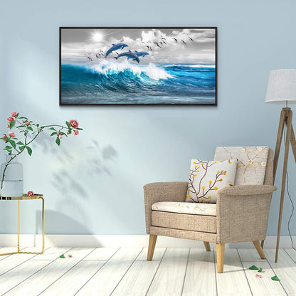 Wapluam Black Framed Wall Decor For Living Room Large Wall Art For Bedroom Blue Waves Of The Sea Wall Pictures Artwork Modern Office Canvas Art Print Dolphins Wall Paintings Ready To Hang 20 X 40
