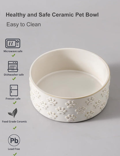 UBEE Ceramic Dog Food Bowl Set of 2, 6.1 inch Dog Dish Bowl with Paw Pattern, Pet Food Water Dish Feeding for Small and Meidum Dogs and Large Cat, White