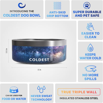 Coldest Dog Bowl - Anti Rust Metal, Non Slip, 3 Layers Insulated Stainless Steel Dog Bowls - Spill Proof & Heavy Duty - Water Bowl for Dogs, Cats & Pets, Dish Washer Safe (64 oz, Into The Beyond)