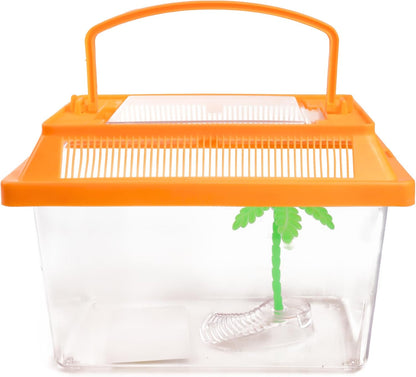 Needzo Mini Neon Plastic Reptile Carrier, Small Terrariums for Hermit Crabs, Lizards, and More with Palm Tree Accessory, Crab Hunting Supplies, Color May Vary, 7 Inches