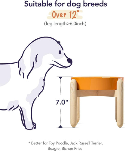 LE TAUCI Ceramic Slow Feeder Puzzle Bowl Elevated 1.5 Cup with Wooden Stand for Small & Medium Dog, Fast Eater Food Bowl Sun Orange