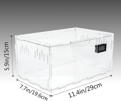 BETAZOOER Reptile Terrarium Breeding Tank Acrylic Reptile Feeding Box with Temperature Hygrometer (11.4"x7.7"x5.9")