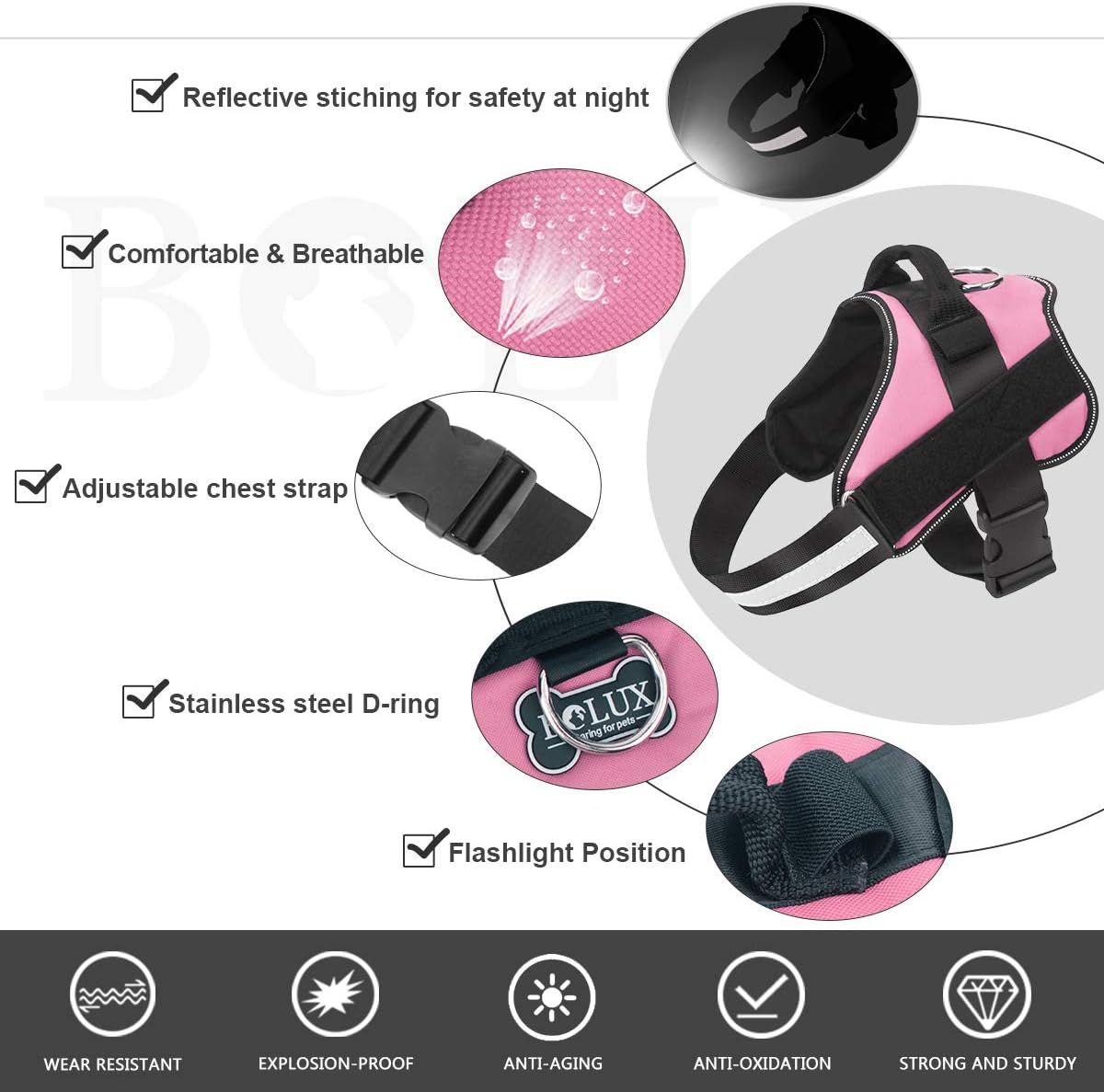 Bolux Dog Harness, No-Pull Reflective Dog Vest, Breathable Adjustable Pet Harness with Handle for Outdoor Walking - No More Pulling, Tugging or Choking (Pink, M)