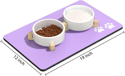 Rnivvi Dog Food Mat, 12" x 19" Footprint Absorbent Dog Cat Bowl Mat for Food and Water, Cute Anti-Slip Rubber Pet Feeding Rug Protect Floors, Puppy Placemat for Feeding & Watering Supplies, Purple
