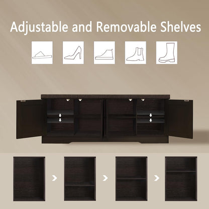 DINZI LVJ Shoe Bench, Entryway Storage Bench with Doors, Cushion, 2-Tier Shoe Rack with 8-Cubby, 47.2”L x 13.8”W Shoe Organizer Cabinet, Adjustable Shelf, Living Room, Bedroom, Espresso with Rattan