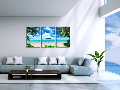 Wieco Art 3 Piece Blue Sea Beach Canvas Prints Modern Stretched Wall Art Seascape Pictures Paintings for Living Room Bedroom Home Decorations Modern Landscape Artwork