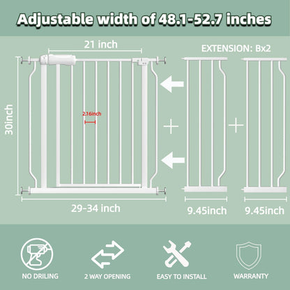 TSAYAWA Walk Through Baby Gate with Door, 48.1-52.7 Inch Wide Presure Mounted No Drill Metal Auto Close Child Gate for Stair Doorway - Indoor Outdoor Safty Gate for Toddler Dog Doggie, White