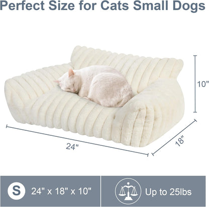 Cute Cat Couch Bed for Indoor Cats, Fluffy Pet Cat Sofa with Premium Soft Corduroy Fleece, Cute Small Dog Beds for Small Dogs, Fuzzy Puppy Chair with Removable Washable Cover (24x18x10,Cream)