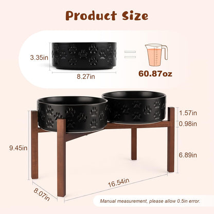 SPUNKYJUNKY Ceramic Elevated Dog Bowl Set with Acacia Wood Stand for Food and Water for Large Dogs (60.87 OZ, Black, Dog Paw Pattern)