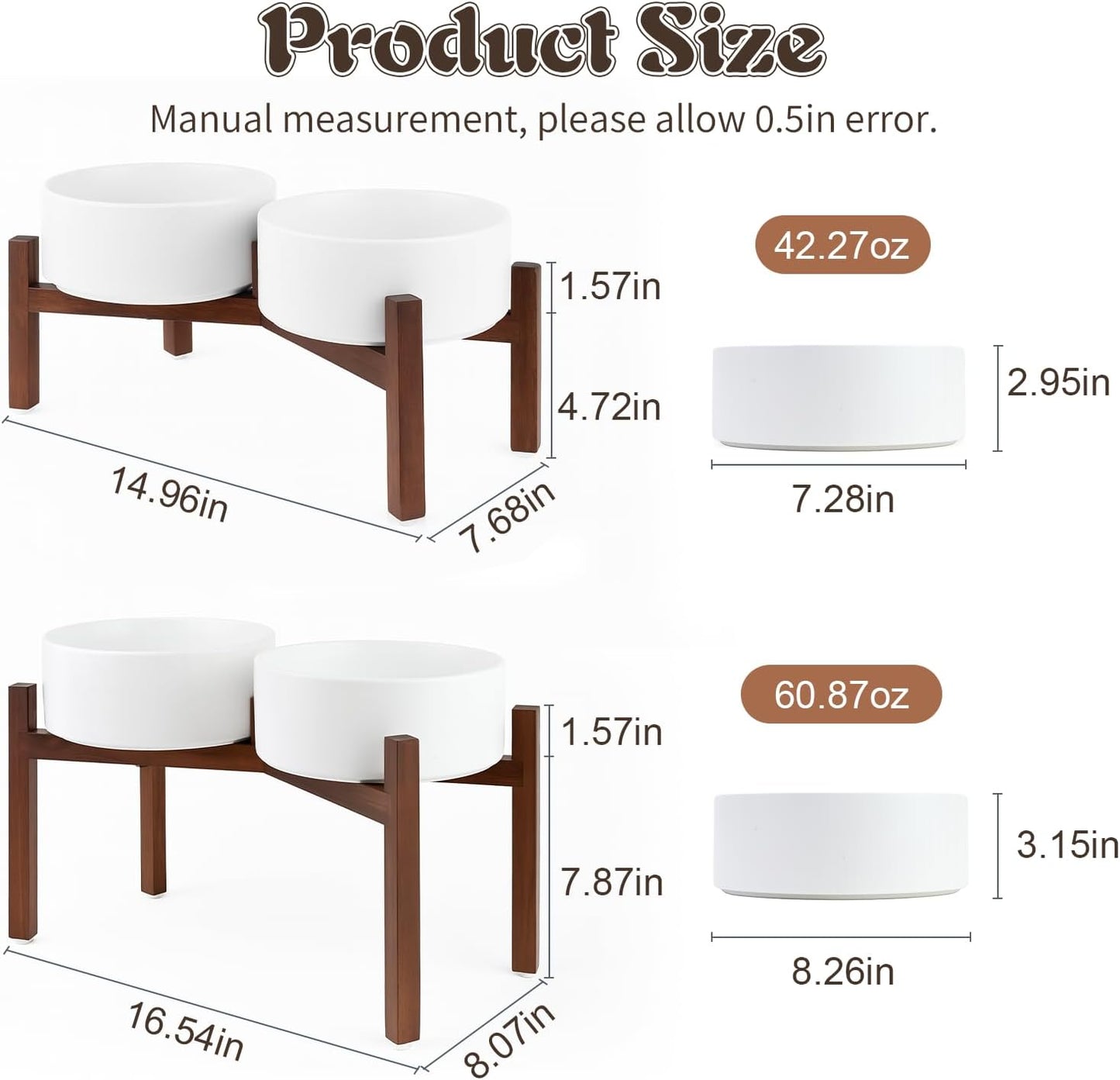 SPUNKYJUNKY Raised Ceramic Dog Bowls Set with Non-Slip Acacia Wood Stand for Large Sized Dog(60.87 OZ, White)