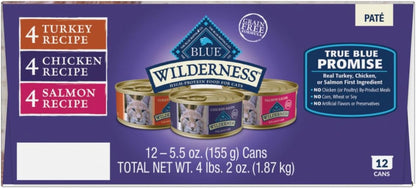 Blue Buffalo Wilderness High Protein, Natural Adult Pate Wet Cat Food Variety Pack, Chicken, Salmon, Turkey 5.5-oz can (12 count - 4 of Each Flavor)