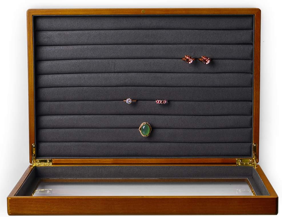 Oirlv Solid Wood Jewelry Display Box Rings Earrings Organizer Case with Acrylic Lid Vintage Gift for Women