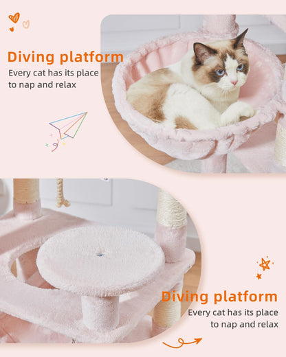 Taoqimiao Cat Tree, 71-Inch Cat Tree Cat Tower for Indoor Cats, Plush Multi-Level Cat Condo with 10 Scratching Posts, 2 Perches,Basket, 2 Caves,Hammock, 2 Pompoms,MS020P Jelly Pink