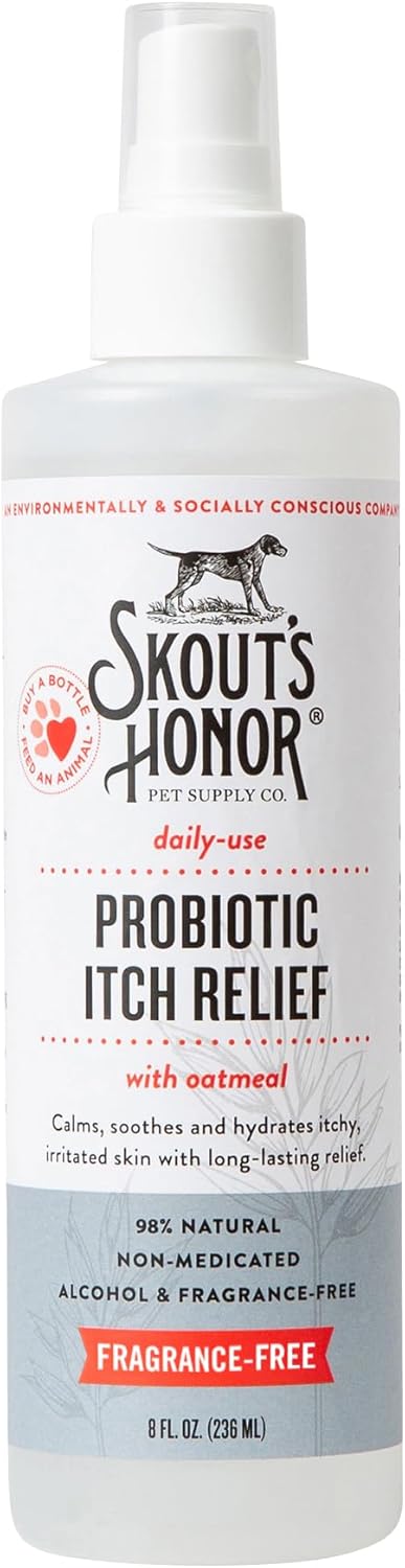 SKOUT'S HONOR Probiotic Itch Relief Spray for Pets - Non-Medicated, Fragrance-Free, Natural, Vegan