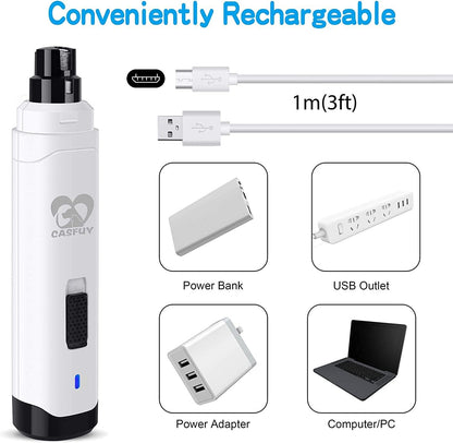 Casfuy Dog Nail Grinder Upgraded - Professional 2-Speed Electric Rechargeable Pet Nail Trimmer Painless Paws Grooming & Smoothing for Small Medium Large Dogs & Cats (White)