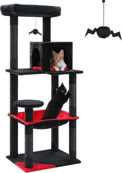 PETEPELA 56.3" Gothic Cat Tree for Indoor Cats, Tall Cat Tower with Super Large Hammock (20"X16"), Sisal Covered Scratching Posts, Cozy Condo and Top Perch Black