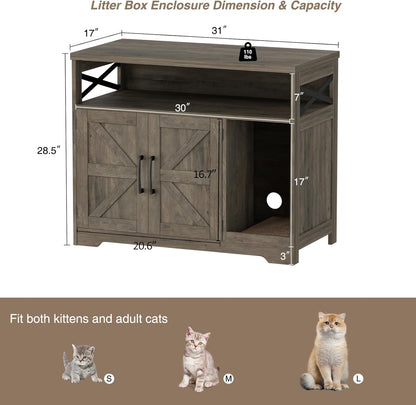 Cat Litter Box Enclosure, Hidden Litter Box Furniture with Scratch Pad, Farmhouse Indoor Cat House Washroom End Table, Grey