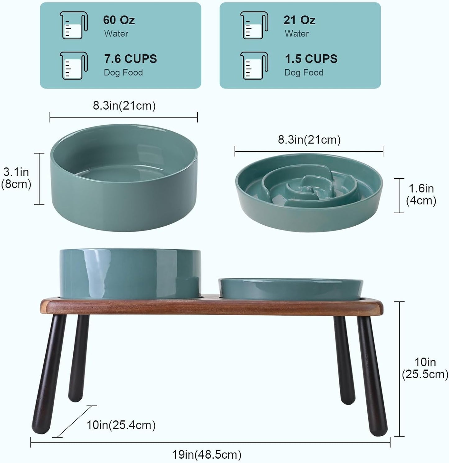 SPUNKYJUNKY Ceramic Elevated Dog Bowls with Slow Feeder Raised Acacia Bamboo Wooden Stand, 8.3'' Dog Food Water Bowls Set Non-Slip for Medium Large Sized Breed Microwave Dishwasher Safe - Dark Green