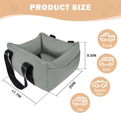 Dog Car Seat for Small Dogs, Large Leather Dog Car Bed with Storage Pocket, Waterproof PVC Leather Booster Seat Travel Bed for Front & Back Seat, Clip-On Safety Leash (Grey)