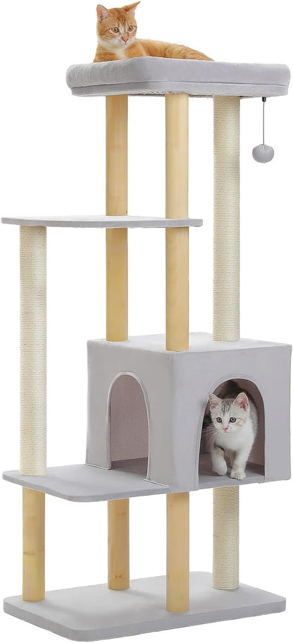 PAWZ Road Large Cat Tree, 53 Inches Modern Wooden Cat Tower for Indoor Cats, Multi-Level Cat Condos with Long Scratching Posts and Natural Wood Posts，Gray