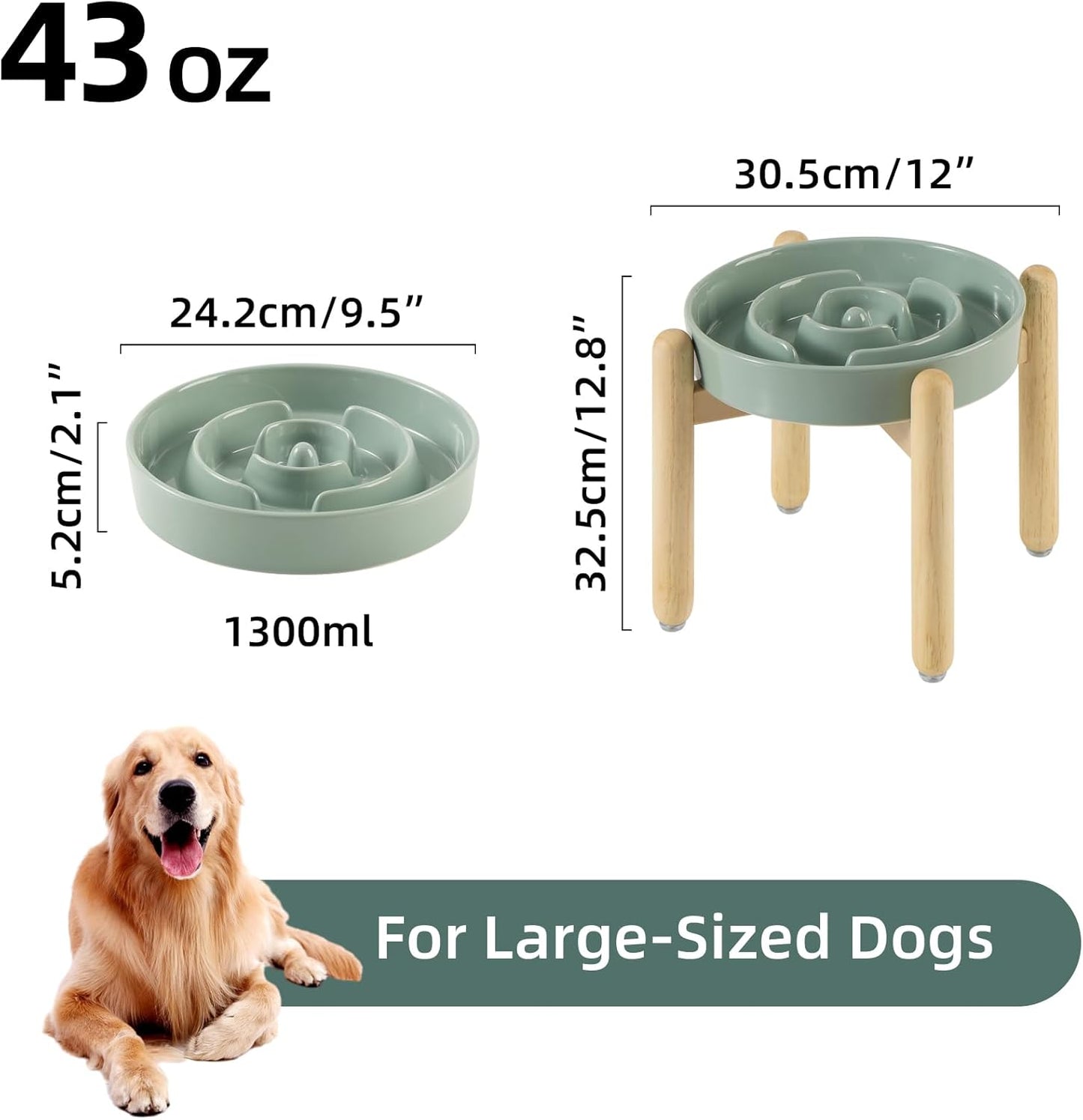 9.5inch Ceramic Raised Slow Feeder Dog Bowl Set, Elevated Bowl with Wooden Stand for Large Dog, Puzzle Slow Pet Food Dish, Preventing Choking(Light Green, Single Bowl+ Stand)