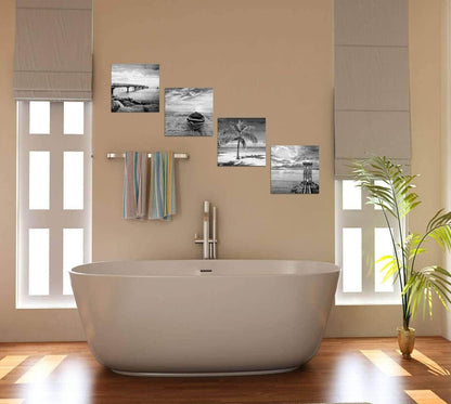 Yxbhhym- Black and White Beach Wall Art Seascape Scenery Canvas Wall Picture Print Sea Palm Poster Painting Office Décor Bedroom Bathroom Wall Art Living Room Home Kitchen Wall Decoration Framed