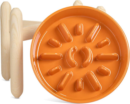 LE TAUCI Ceramic Slow Feeder Puzzle Bowl Elevated 3 Cup with Wooden Stand for Medium Large Dog, Fast Eater Slow Eating Food Bowl, Sun Orange