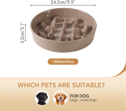 Ceramic 9.5 inch Dog Bowl Slow Feeder, Slow Pet Food Dish for Large Dog, Stop Bloat, Preventing Choking(Single Bowl, Brown Coffee)