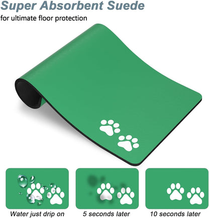 Rnivvi Dog Food Mat, 12" x 19" Footprint Absorbent Dog Cat Bowl Mat for Food and Water, Cute Anti-Slip Rubber Pet Feeding Rug Protect Floors, Puppy Placemat for Feeding & Watering Supplies, Green