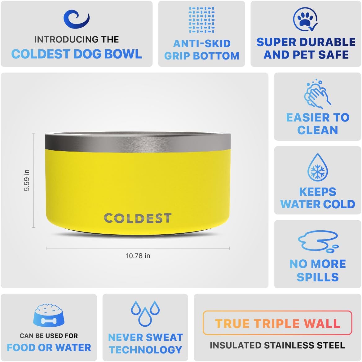 Coldest Dog Bowl - Anti Rust Metal, Non Slip, 3 Layers Insulated Stainless Steel Dog Bowls - Spill Proof & Heavy Duty - Water Bowl for Dogs, Cats & Pets, Dish Washer Safe (200 oz, Solar Yellow)