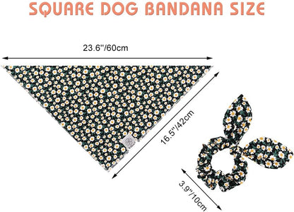 E-Clover Dog Bandanas & Matching Scrunchie Set Girl Dog Scarf Bibs with Bow Scrunchie for Small Dogs Puppy Pet Owner Gifts Flower Black