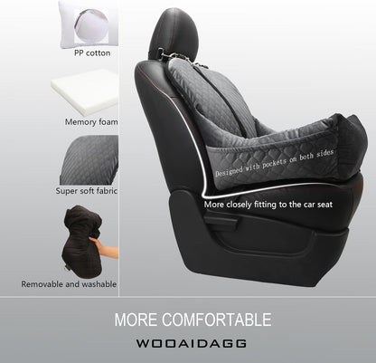 Dog Car Seat,Fully Detachable and Washable Cover,Easy to Assemble,Comfy Cushion Fill in Memory Foam,2 Clip-On Safety Leashes and Storage Pockets (Grey)
