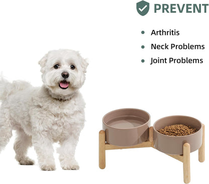 Ceramic 6.1inch Raised Dog Bowl with Stand for Small and Medium Breed Dog Dish Pet Food and Water Bowl (Double Bowl with Stand - Brown Coffee, 28oz)