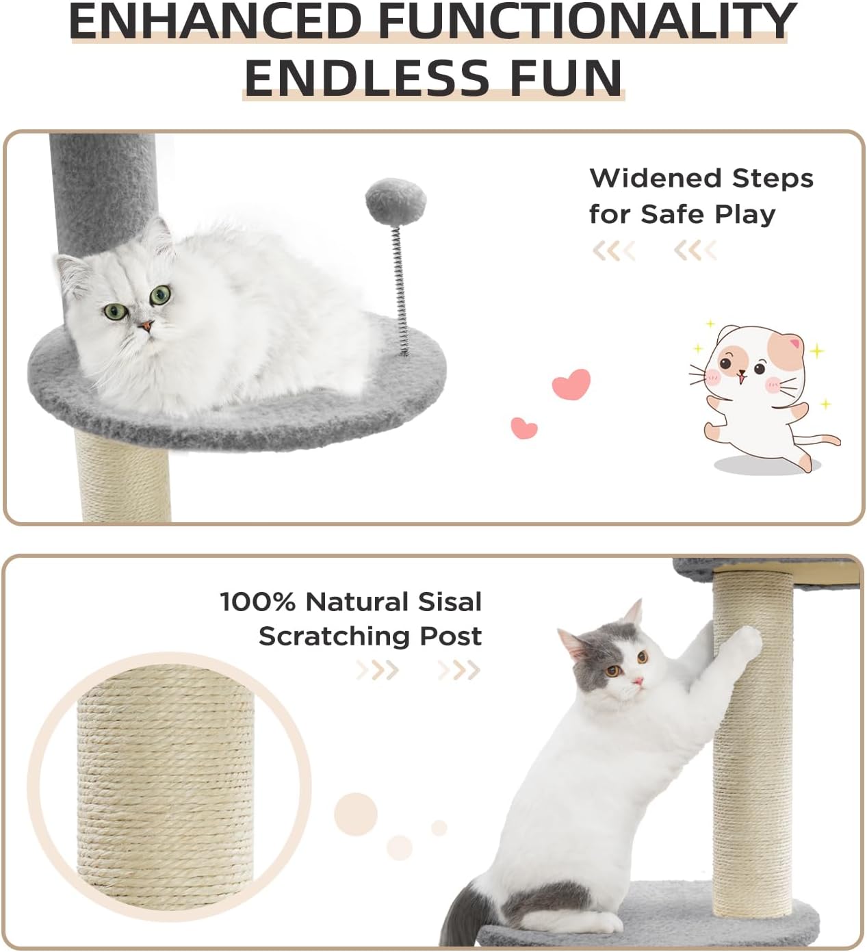 Made4Pets Floor to Ceiling Cat Tree 93-106'',Tall Cat Tower 5 Tiers,Adjustable Height, Stable Cat Tree Tower with Scratching Posts, Fluffy Condo, Hammock and Ball Toy for Indoor Cats/Kitten, Gray