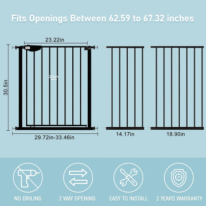 WAOWAO Triple Lock Baby Gate Extra Wide 62.59-67.32" Pressure Mounted Walk Through Swing Auto Close Safety Black Metal Dog Pet Puppy Cat for Stairs,Doorways,Kitchen