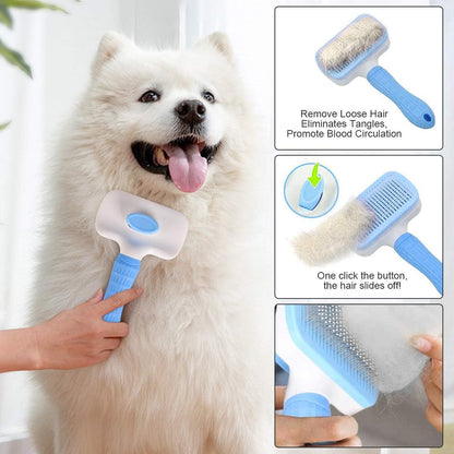 Self Cleaning Slicker Brush,Dog Brush & Cat Brush with Massage Particles,Removes Loose hair & Tangles,Skin Friendly & Promote Circulation-Blue 1