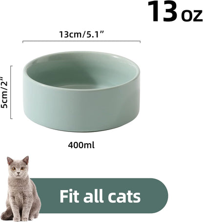 Ceramic Set of 2 Cat Bowls, Food and Water Bowls for Cats, Kitty, 2pcs Cat Dishes, Pet Feeder(5.1inch, 2 x Light Green Bowls)