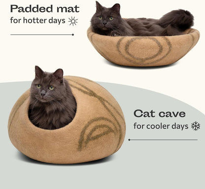 MEOWFIA Cat Cave – Premium Felt Cat Bed for Indoor Cats, Handmade 100% Merino Wool (Beige, Large)