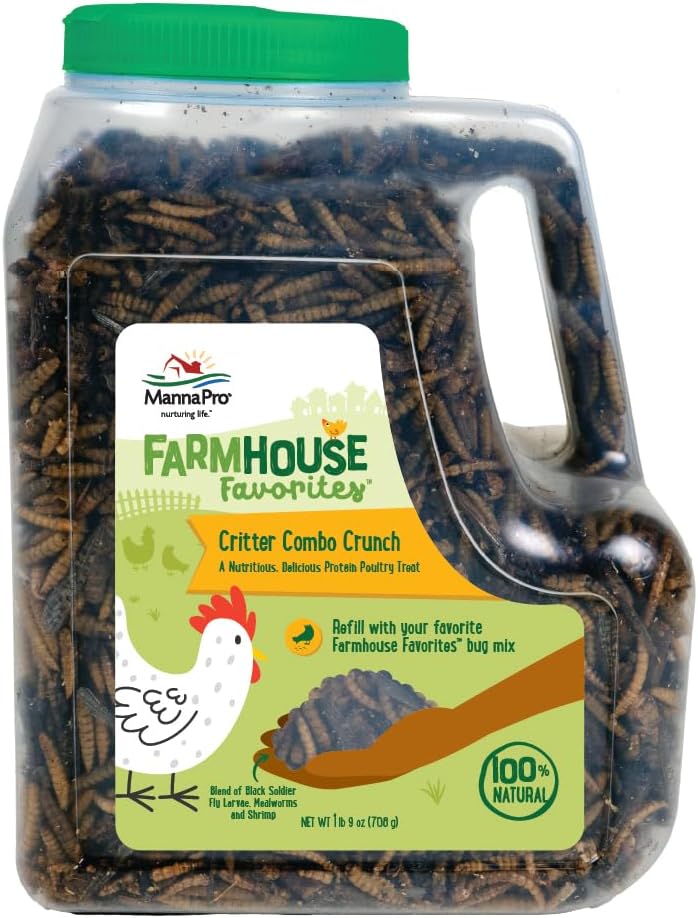 Manna Pro Farmhouse Favorites Critter Combo Crunch Bug Jug – Engaging Poultry Treat – Blend of Black Solider Fly Larvae, Mealworms & Shrimp – Great Source of Protein – Encourages Foraging – 25oz