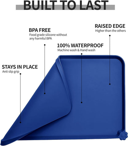 Waterproof Pet Feeding Mat with High Raised Edges, Heavier and Thicker Placemats for Cat Dog Water Bowl with BPA Free, Dogs Cats Food Mats for Messy Drinkers to Prevent Spill and Protect Floors