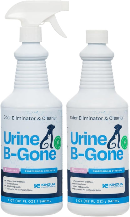 KINZUA ENVIRONMENTAL Urine B-Gone, Professional Enzyme Odor Eliminator & Pet Stain Remover, Human, Cat & Dog Urine Cleaner, Effective on Laundry, Carpets & More, Lavender Scent, 32oz, Pack of Two