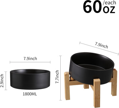 Black Elevated/Raised 15°Tilted Anti Slip Ceramic Dog Bowl for Medium & Large Breeds,Slanted Bulldog Big Face Pet Feeding Food Water Dish Stand for Dogs (7.6 Cups/60OZ)