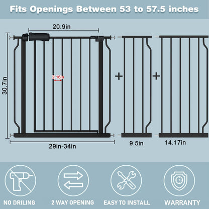 Extra Wide Baby Gate Black 53-57.5 Inch Wide Walk Through Pressure Mounted No Drill Long and Large Tension Metal Gate for Dog and Toddler