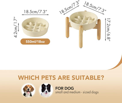 7.3inch Ceramic Dog Raised Slow Feeder Set, Elevated Bowl with Wooden Stand for Medium and Small Dog, Slow Feeder Dish for Fast Easters, Preventing Choking(Beige, Single Bowl+ Stand)