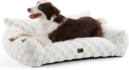 Made4Pets Dog Couch Bed, Soft Faux Fur Checkered Pet Sofa, Comfortable Fluffy Dog Sofa with Supportive Foam, Removable Washable Cover with Non-Slip Base, White, Large