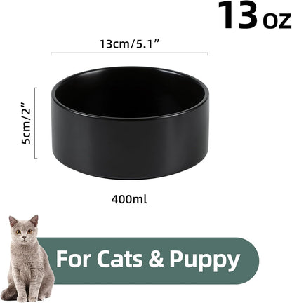 Ceramic 5.1inch Set of 2 Dog and Cat Bowls, Food and Water Feeder for Small Breed Dogs, Kitty, Cats, 2pcs Dog & Cat Dishes(2 Bowls, Black)