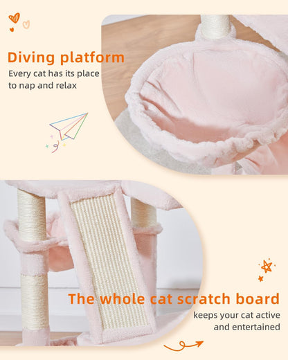 Taoqimiao Cat Tree 57.5-Inch, Cat Tower for Indoor Cats Large Adult, Extra Large Cat Condo, 8 Sisal Scratching Posts, Metal Frame Cozy Hammock, Durable Scratch Board, 2 Top Perches, Jelly Pink MS026P