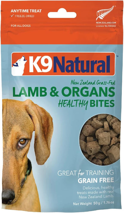 K9 Natural, Freeze-Dried Single Ingredient Dog Treats, High-Value, Low-Calorie Protein Bites for Active Dogs, Healthy Dog Training Treats, Grain-Free Reward, Lamb & Organs, 1.76oz (Pack of 2)